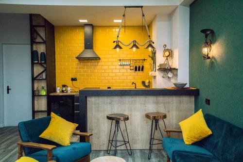 Steampunk style apartment with city view