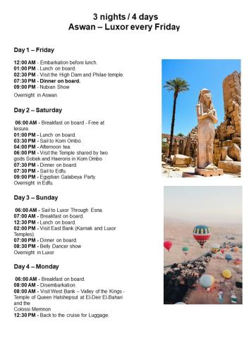 Mazaj Tamr Nile Cruise 04 Nights Every Monday from Luxor 03 Nights Every Friday from Aswan