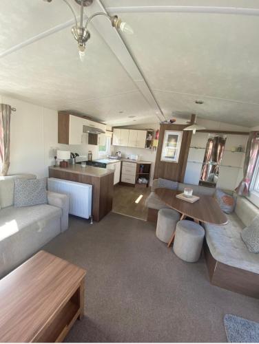 Modern 2017 model Delta Sienna static caravan in Clarach Bay in Aberystwyth, United Kingdom