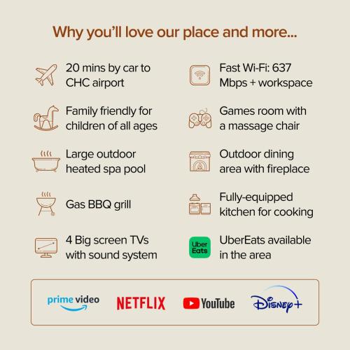 Luxury Spa Outdoor Fireplace & Games Room Sleeps 10 18 mins from CHC Airport in Prebbleton, New Zealand