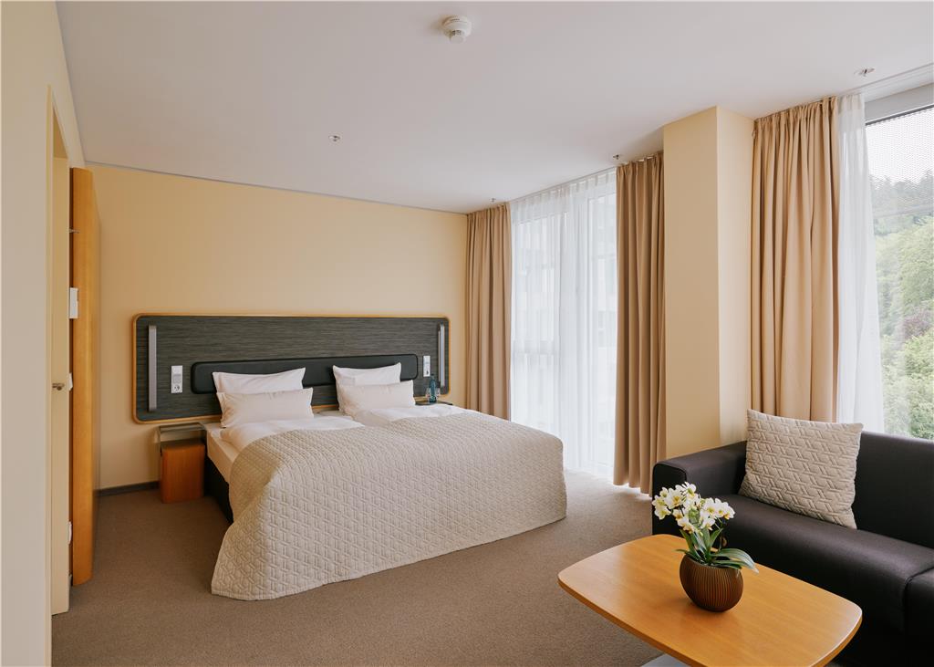 Executive Room with double bed, large window front, table and a couch.
