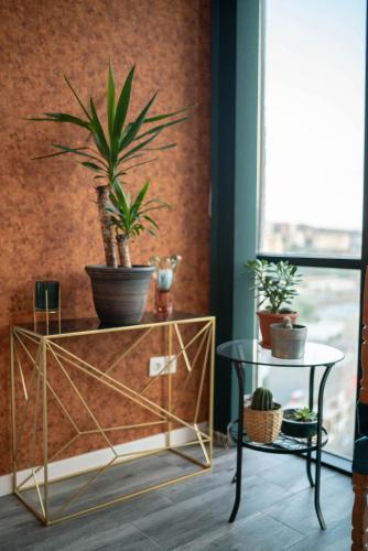 Steampunk style apartment with city view