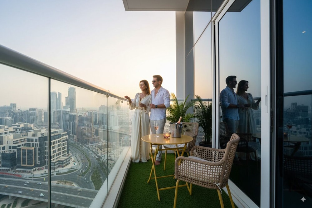 A Living Modern Studio Apartment with Balcony & Canal view at Prive 2507B Business Bay — 4-Star Luxury Hotel in Dubai, United Arab Emirates